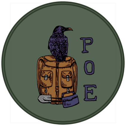 POE company logo depicting a raven perched on a hiking backpack. The letters "POE" are aligned next to the backpack.